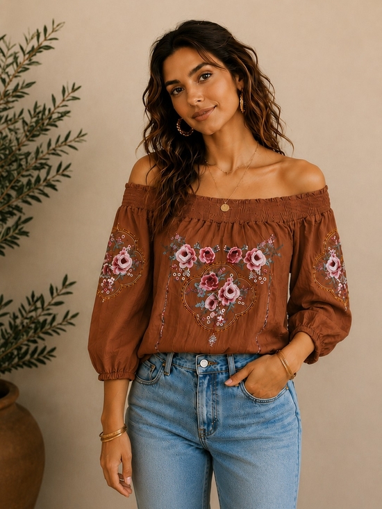 None Tops - On/Off-Shoulder Brown Floral Embroidered Peasant Top - NWOT